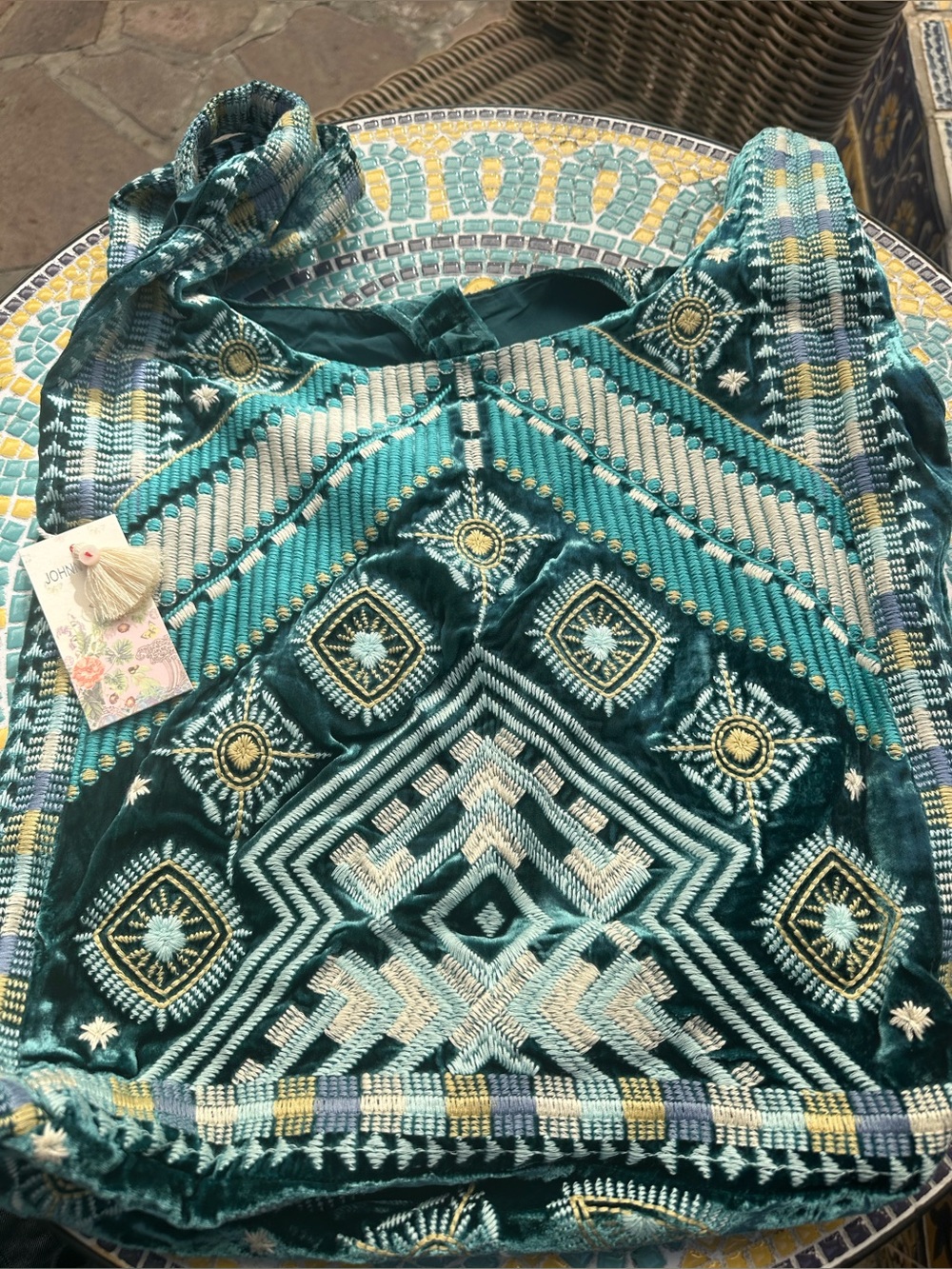 🦚Gorgeous Johnny Was Teal and Gold Embroidered Velvet Shoulder Bag